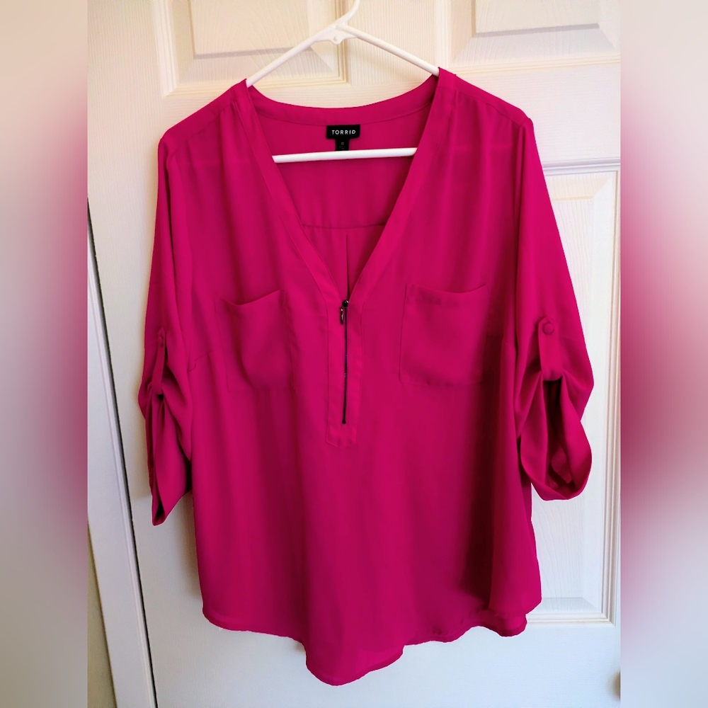 Torrid Fuchsia Blouse with Roll-Tab Sleeves